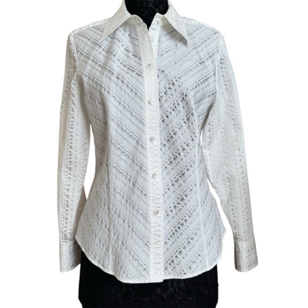 Ellen Tracy White Cotton Seersucker Tailored Button Down Blouse Top Size 10 NWOT